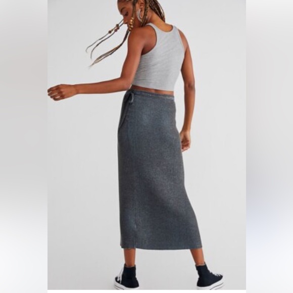 Free people borderline midi faux wrap skirt knit grey blue Small - Picture 2 of 9
